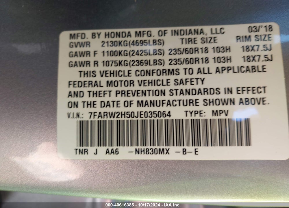 2018 HONDA CR-V EX VIN: 7FARW2H50JE035064