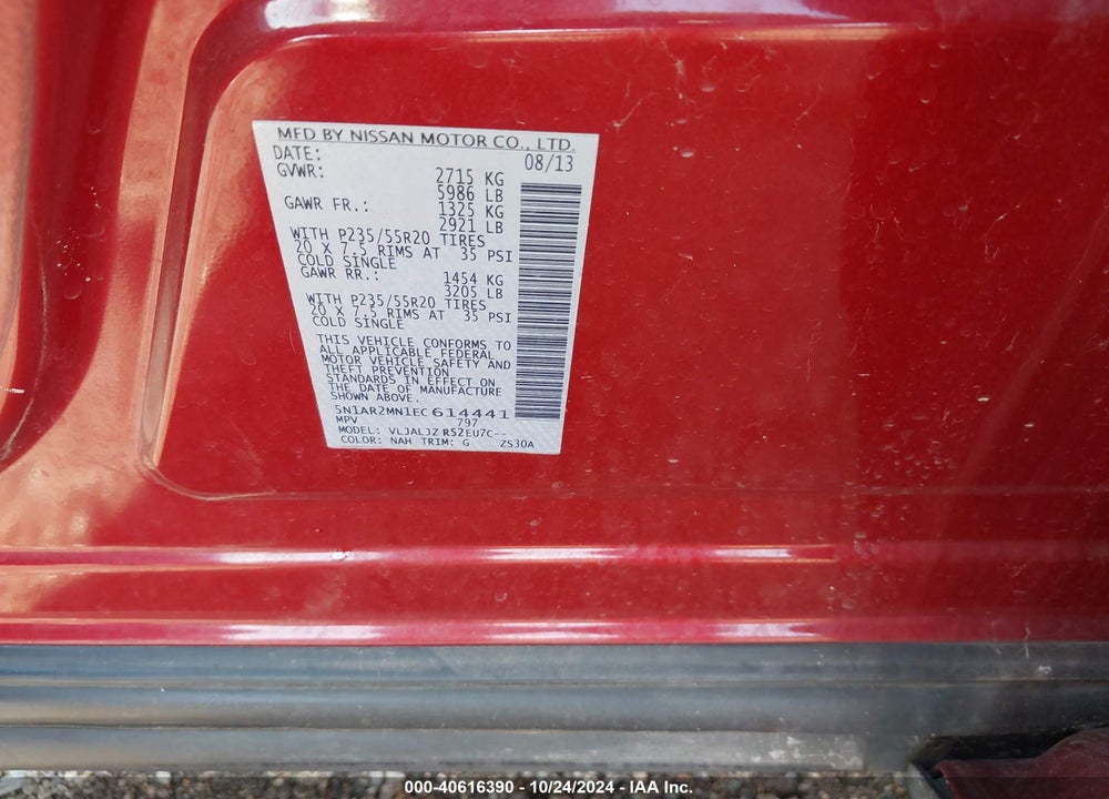 2014 NISSAN PATHFINDER PLATINUM VIN: 5N1AR2MN1EC614441