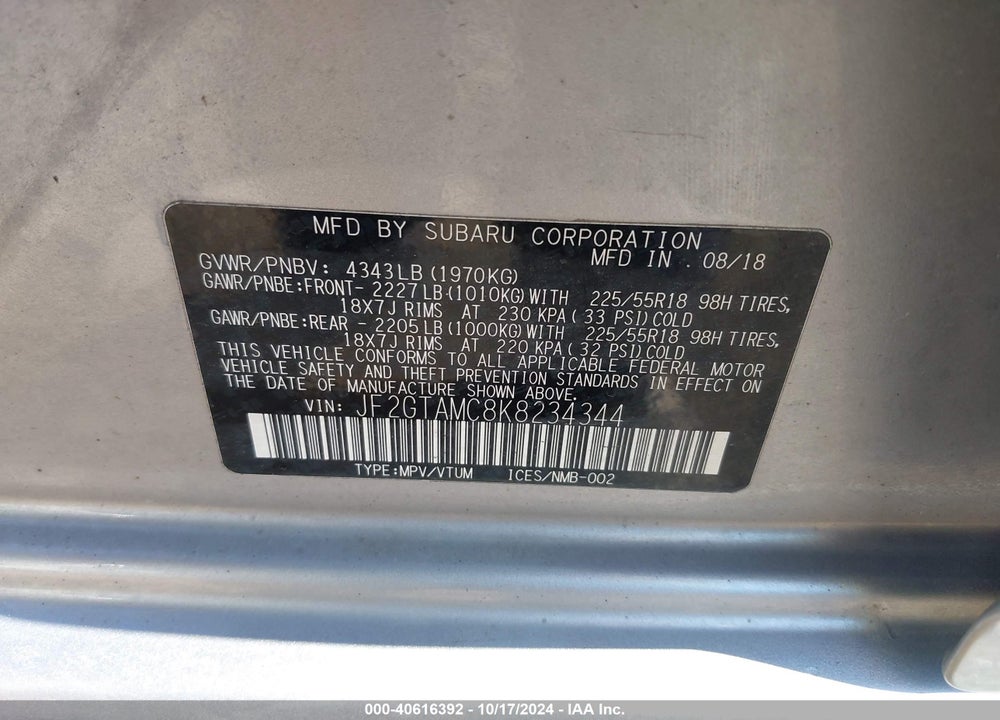 2019 SUBARU CROSSTREK 2.0I LIMITED VIN: JF2GTAMC8K8234344