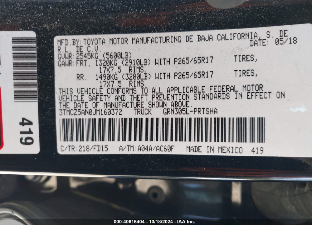 2018 TOYOTA TACOMA TRD SPORT VIN: 3TMCZ5AN0JM160372