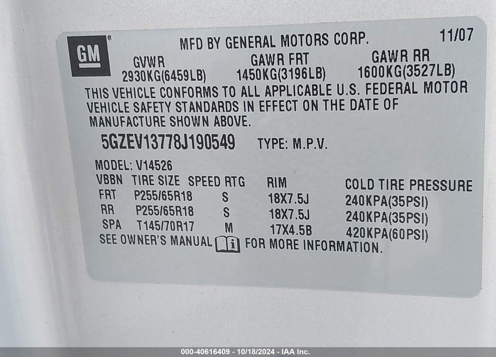 2008 SATURN OUTLOOK XE VIN: 5GZEV13778J190549