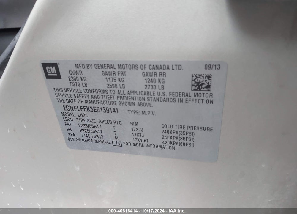 2014 CHEVROLET EQUINOX 1LT VIN: 2GNFLFEK3E6139141