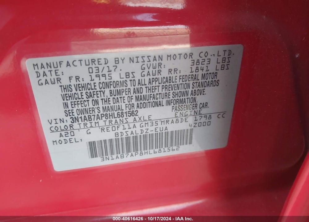 2017 NISSAN SENTRA SV VIN: 3N1AB7AP8HL681562