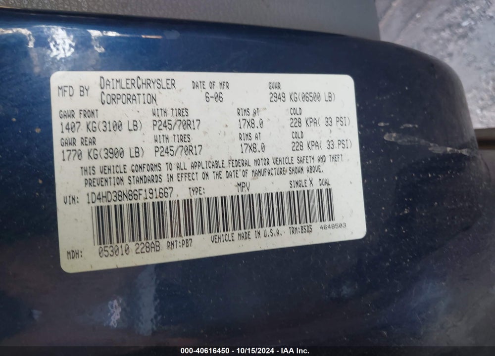 2006 DODGE DURANGO SXT VIN: 1D4HD38N86F191667