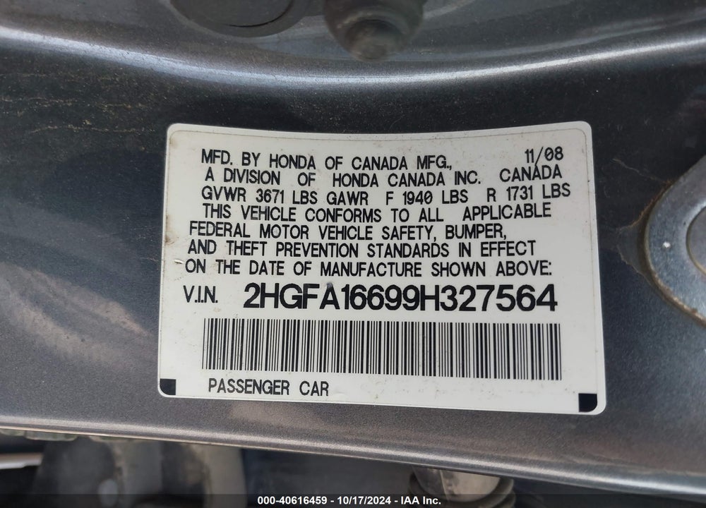 2009 HONDA CIVIC VIN: 2HGFA16699H327564