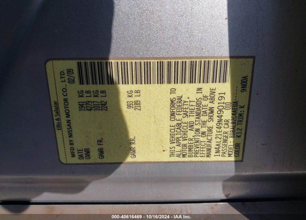 2009 NISSAN ALTIMA 2.5 S VIN: 1N4AL21E49N490191