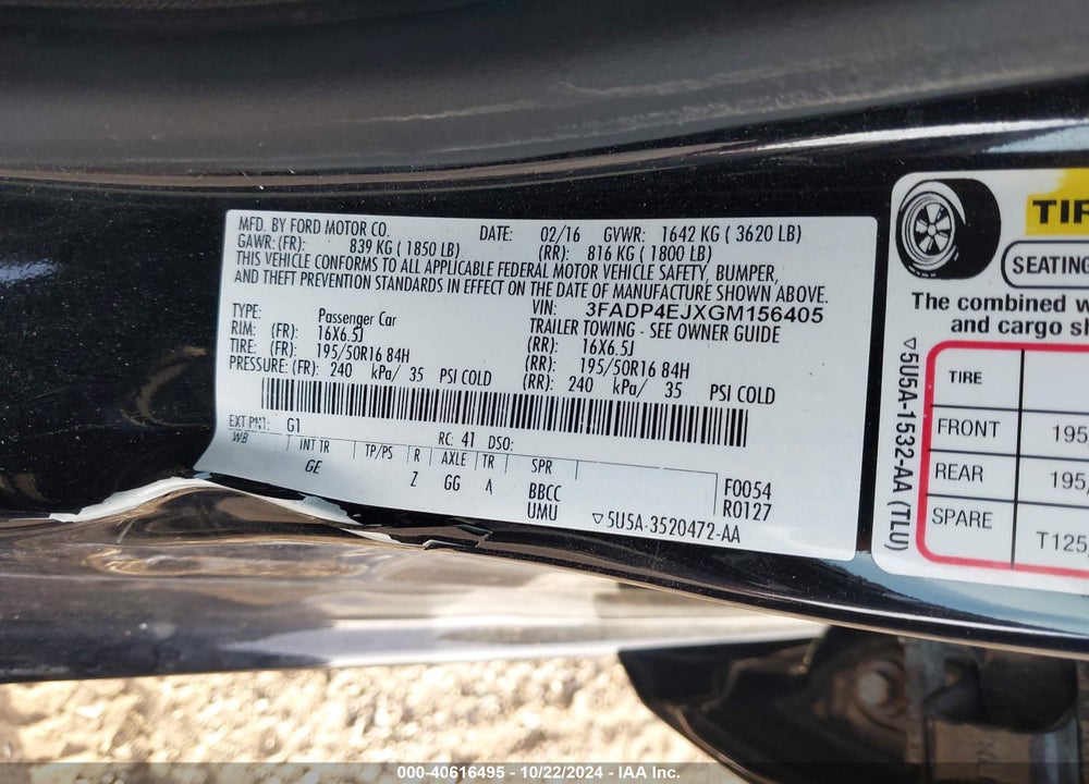2016 FORD FIESTA SE VIN: 3FADP4EJXGM156405