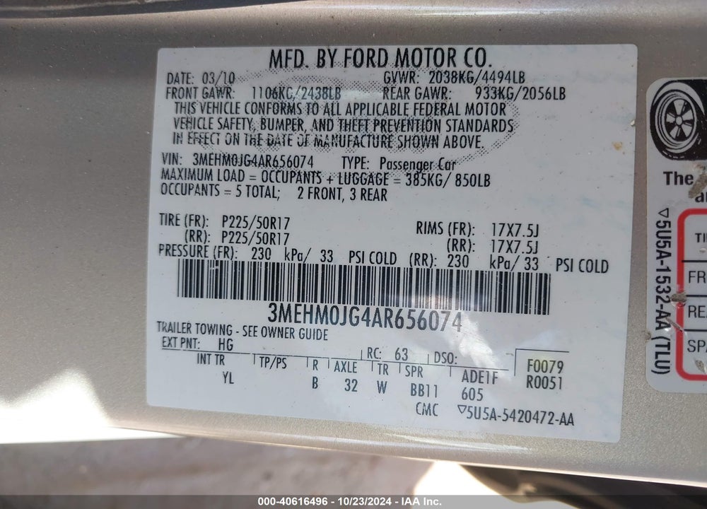 2010 MERCURY MILAN PREMIER VIN: 3MEHM0JG4AR656074