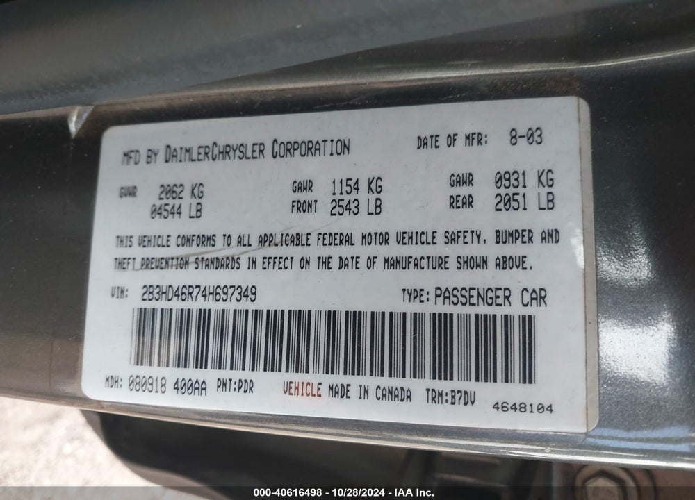 2004 DODGE INTREPID SE VIN: 2B3HD46R74H697349