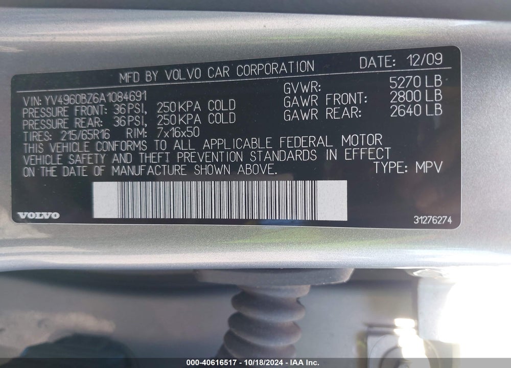 2010 VOLVO XC70 3.2 VIN: YV4960BZ6A1084691