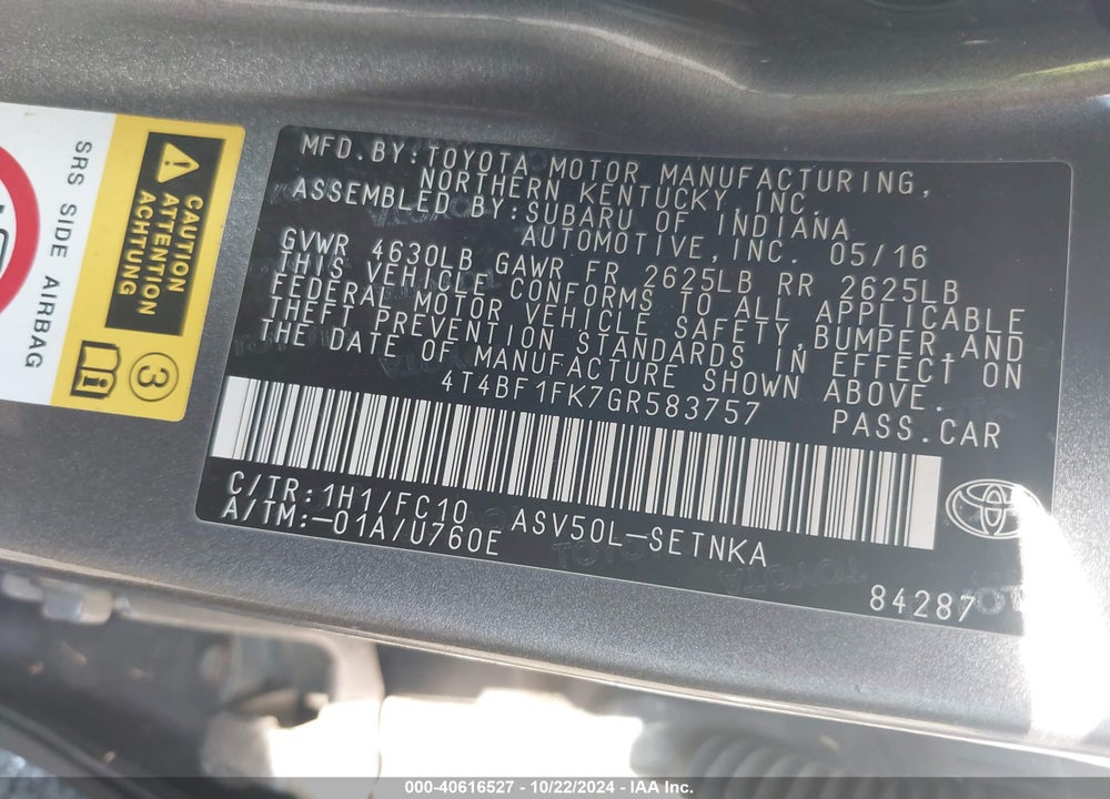 2016 TOYOTA CAMRY LE VIN: 4T4BF1FK7GR583757
