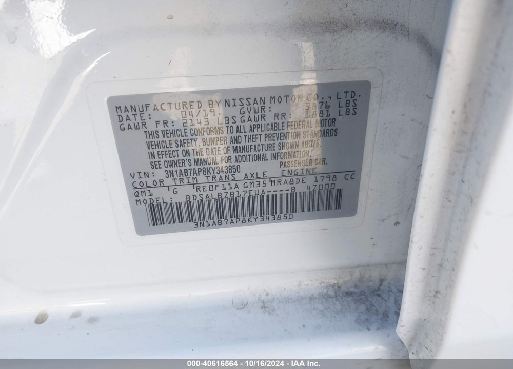 2019 NISSAN SENTRA S VIN: 3N1AB7AP8KY343850