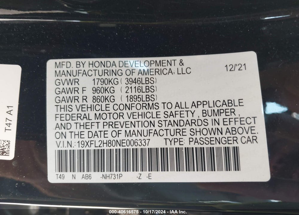 2022 HONDA CIVIC SPORT VIN: 19XFL2H80NE006337