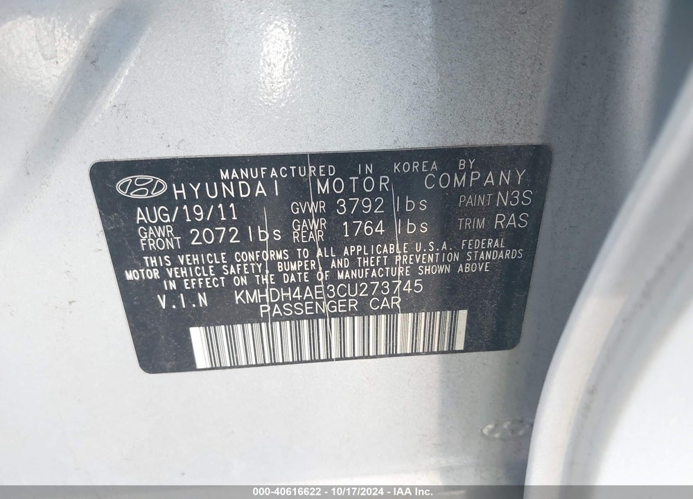 2012 HYUNDAI ELANTRA LIMITED (ULSAN PLANT) VIN: KMHDH4AE3CU273745