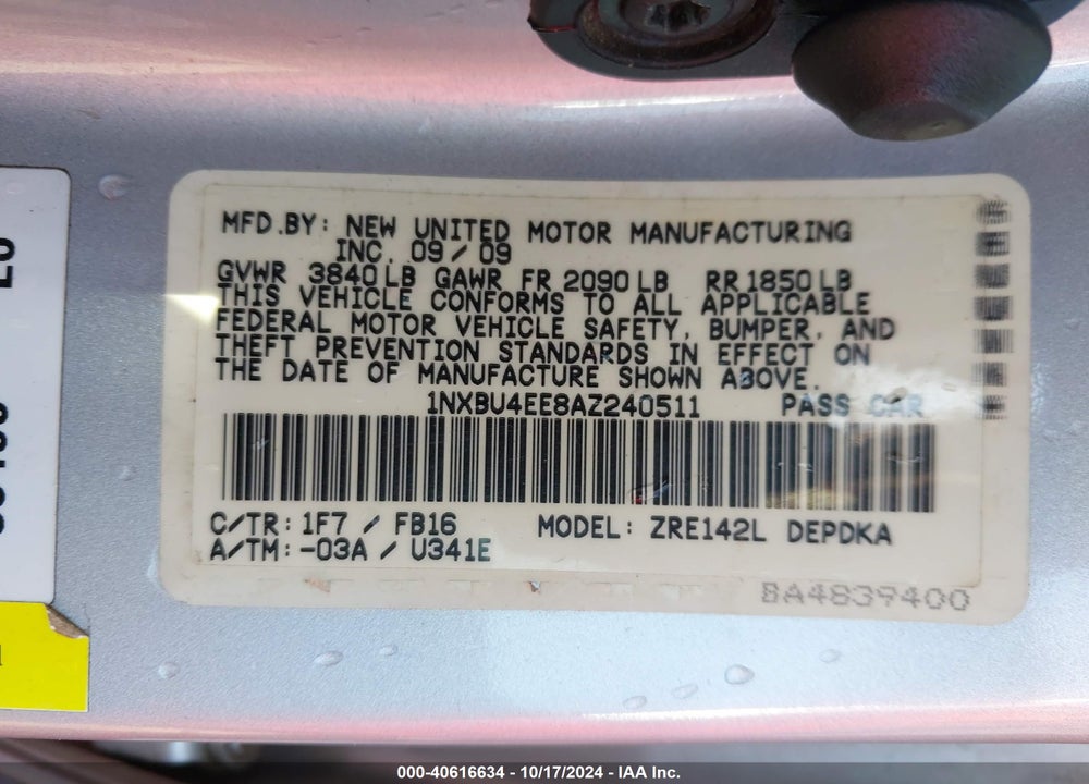 2010 TOYOTA COROLLA VIN: 1NXBU4EE8AZ240511