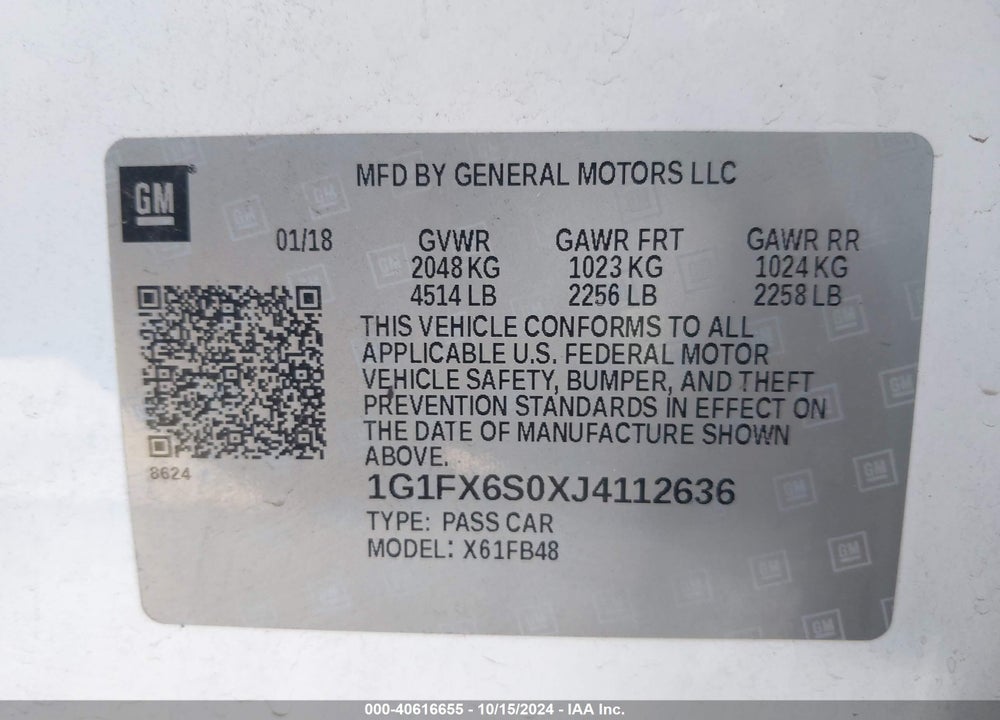 2018 CHEVROLET BOLT EV PREMIER VIN: 1G1FX6S0XJ4112636