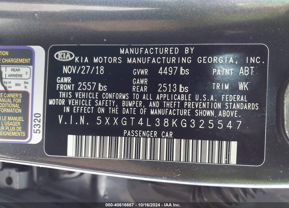 2019 KIA OPTIMA S VIN: 5XXGT4L38KG325547