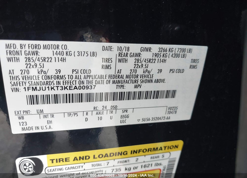 2019 FORD EXPEDITION LIMITED VIN: 1FMJU1KT3KEA00937