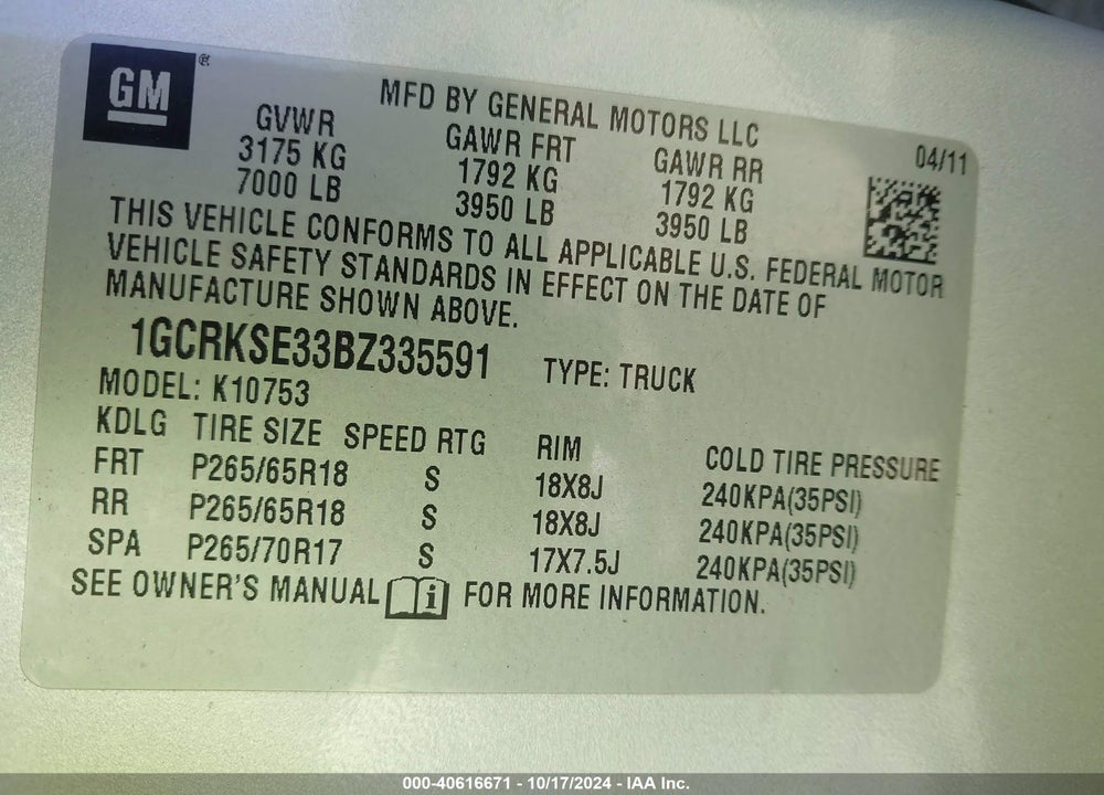 2011 CHEVROLET SILVERADO 1500 LT VIN: 1GCRKSE33BZ335591