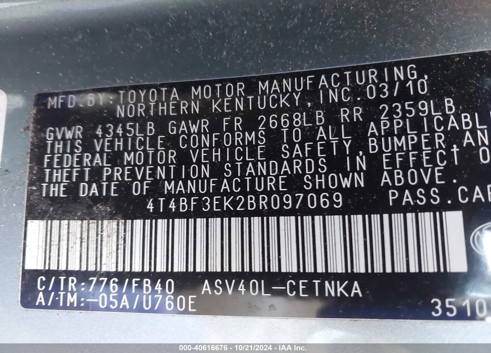 2011 TOYOTA CAMRY LE VIN: 4T4BF3EK2BR097069
