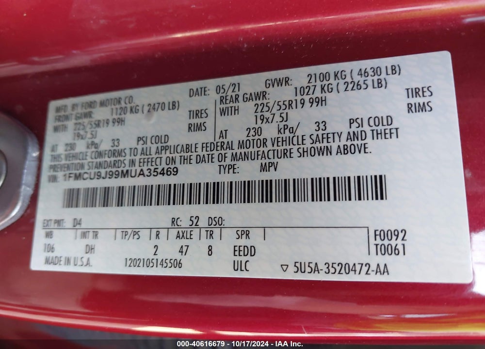 2021 FORD ESCAPE TITANIUM VIN: 1FMCU9J99MUA35469