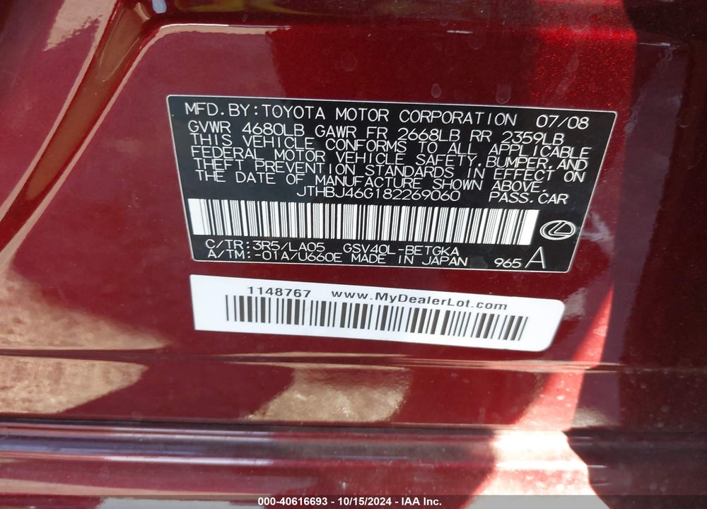 2008 LEXUS ES 350 VIN: JTHBJ46G182269060