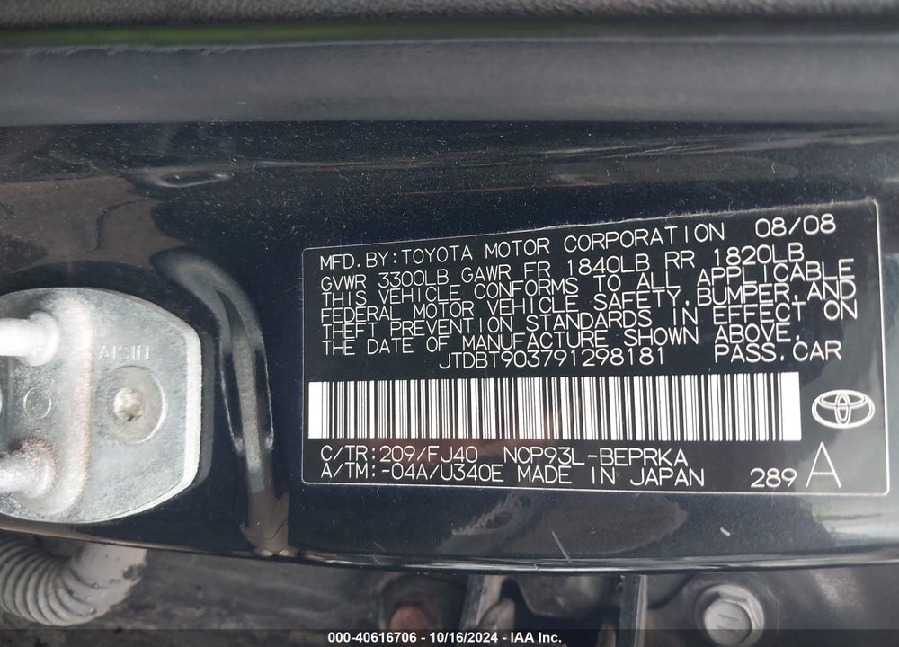 2009 TOYOTA YARIS VIN: JTDBT903791298181