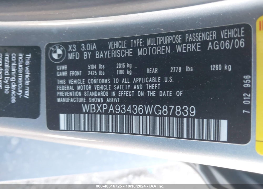 2006 BMW X3 3.0I VIN: WBXPA93436WG87839