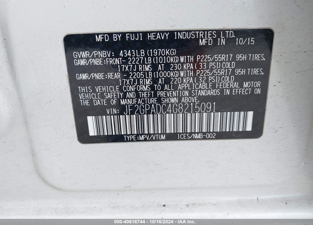 2016 SUBARU CROSSTREK 2.0I PREMIUM VIN: JF2GPADC4G8215091
