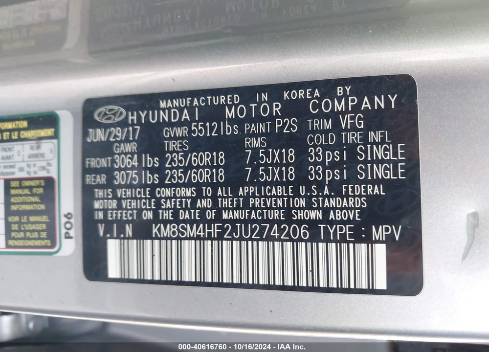 2018 HYUNDAI SANTA FE SE VIN: KM8SM4HF2JU274206
