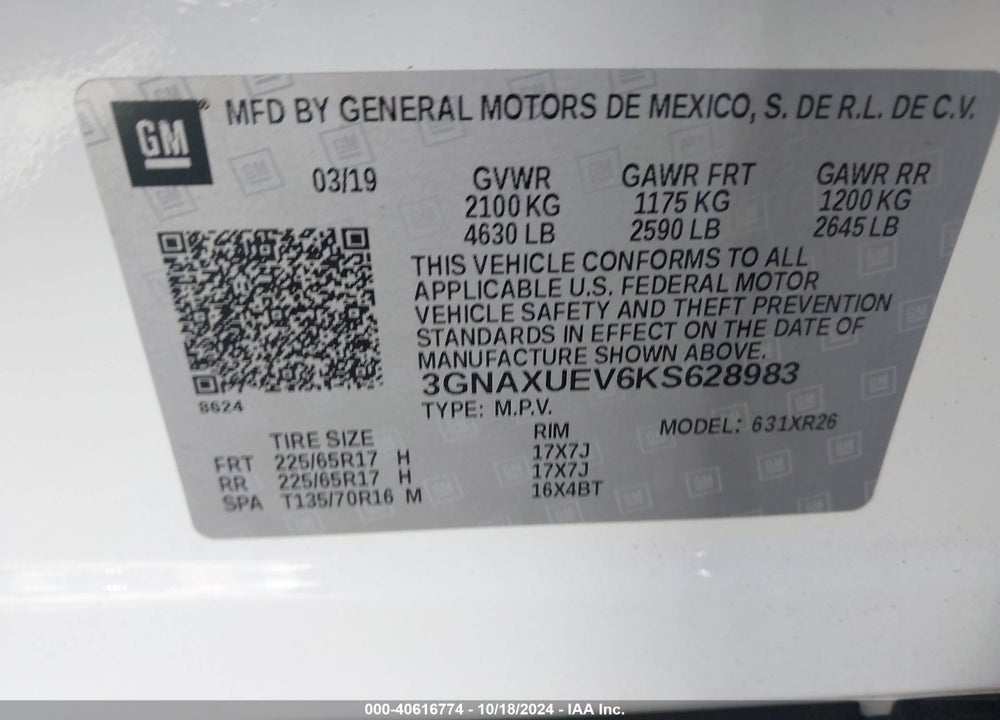 2019 CHEVROLET EQUINOX LT VIN: 3GNAXUEV6KS628983