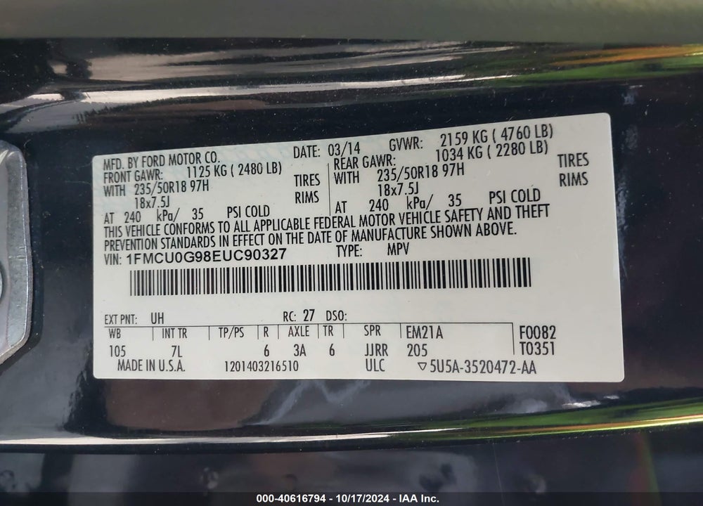 2014 FORD ESCAPE SE VIN: 1FMCU0G98EUC90327