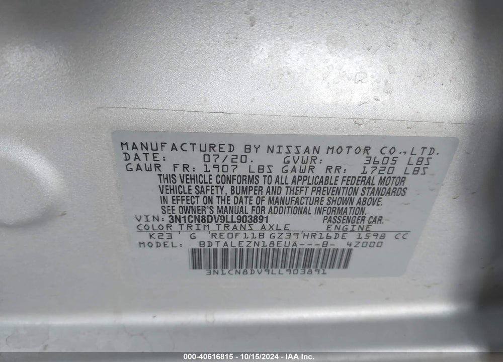 2020 NISSAN VERSA S XTRONIC CVT VIN: 3N1CN8DV9LL903891