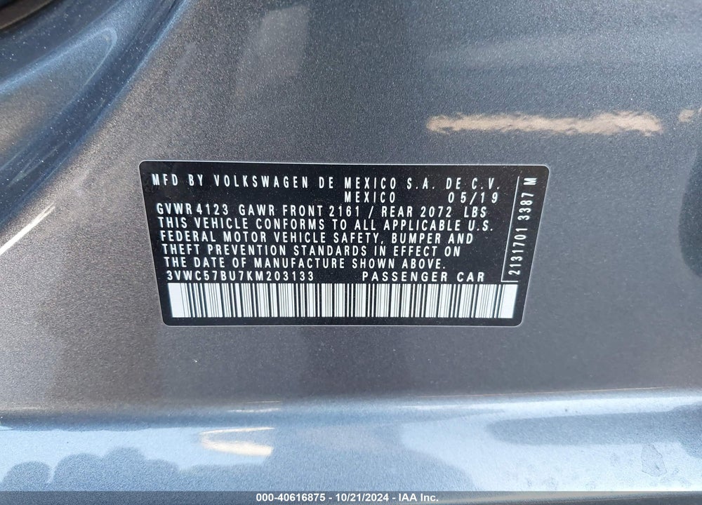 2019 VOLKSWAGEN JETTA 1.4T R-LINE/1.4T S/1.4T SE VIN: 3VWC57BU7KM203133