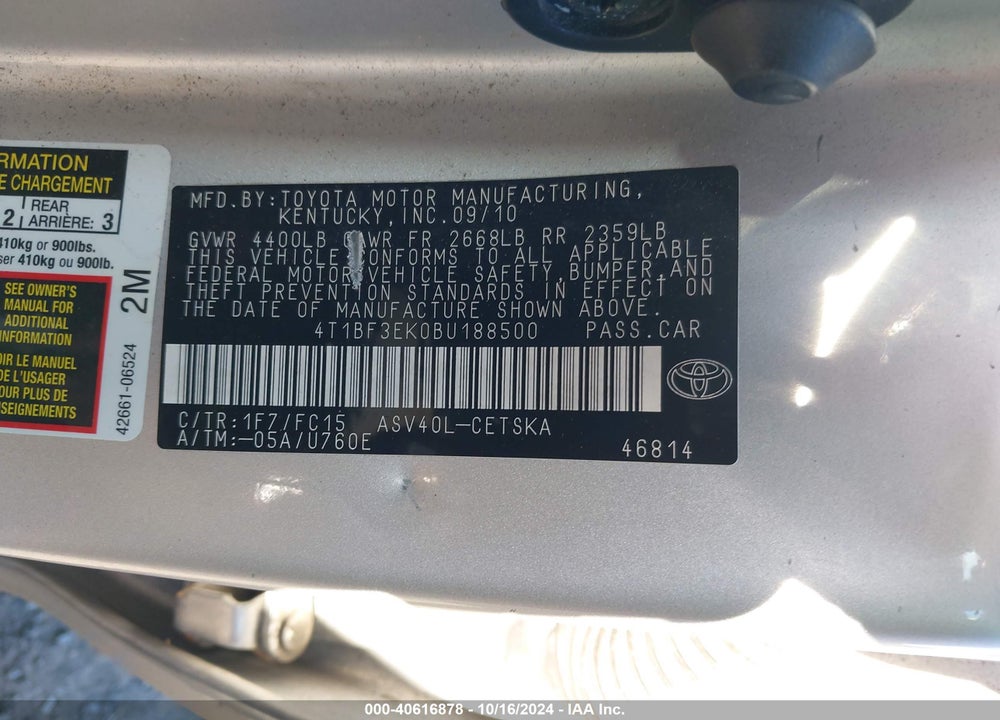 2011 TOYOTA CAMRY SE VIN: 4T1BF3EK0BU188500