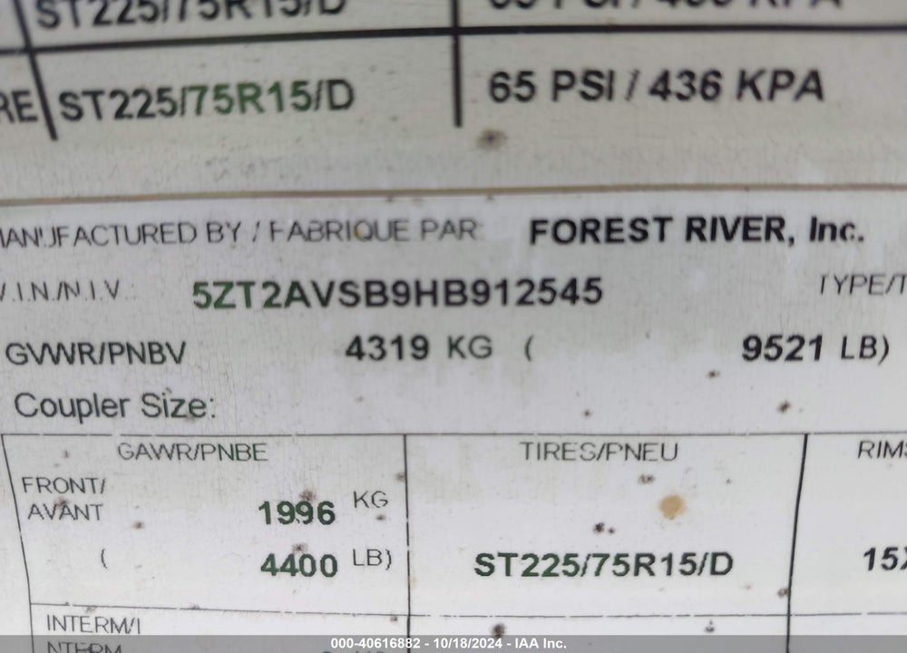 2017 FOREST RIVER OTHER VIN: 5ZT2AVSB9HB912545