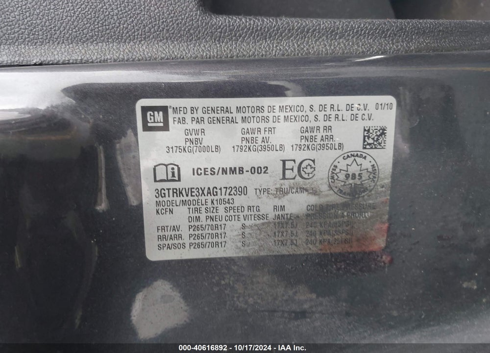 2010 GMC SIERRA 1500 SLE VIN: 3GTRKVE3XAG172390