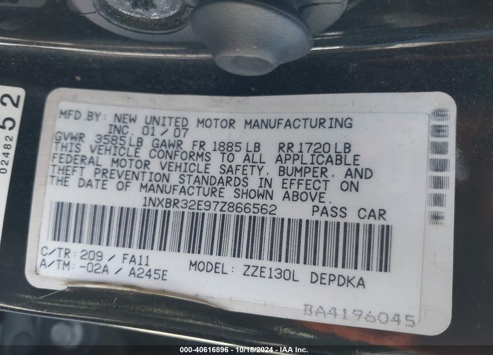 2007 TOYOTA COROLLA CE VIN: 1NXBR32E97Z866562