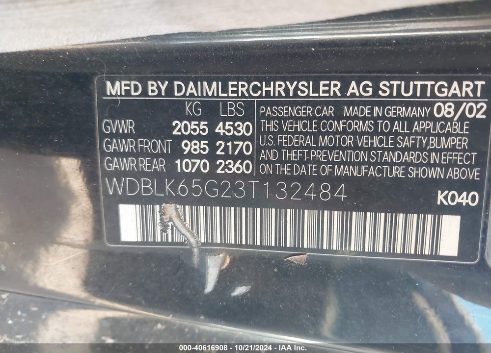 2003 MERCEDES-BENZ CLK 320 VIN: WDBLK65G23T132484