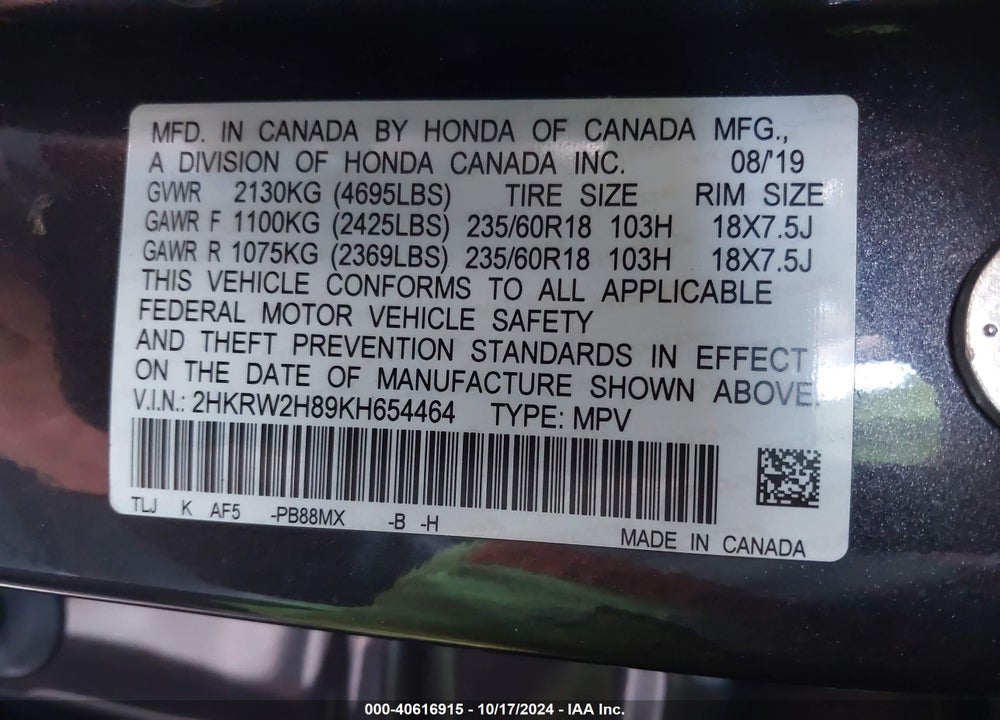 2019 HONDA CR-V EX-L VIN: 2HKRW2H89KH654464