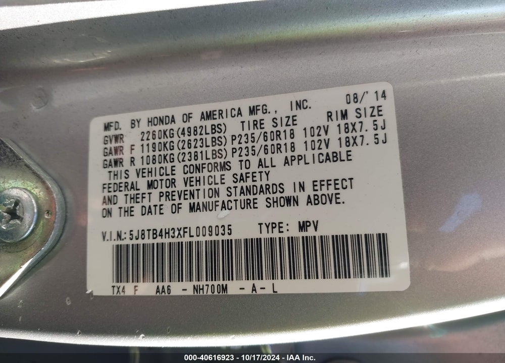 2015 ACURA RDX VIN: 5J8TB4H3XFL009035