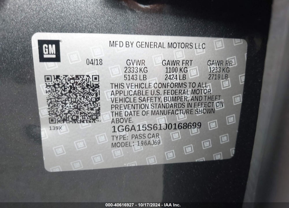 2018 CADILLAC CTS-V VIN: 1G6A15S61J0168699