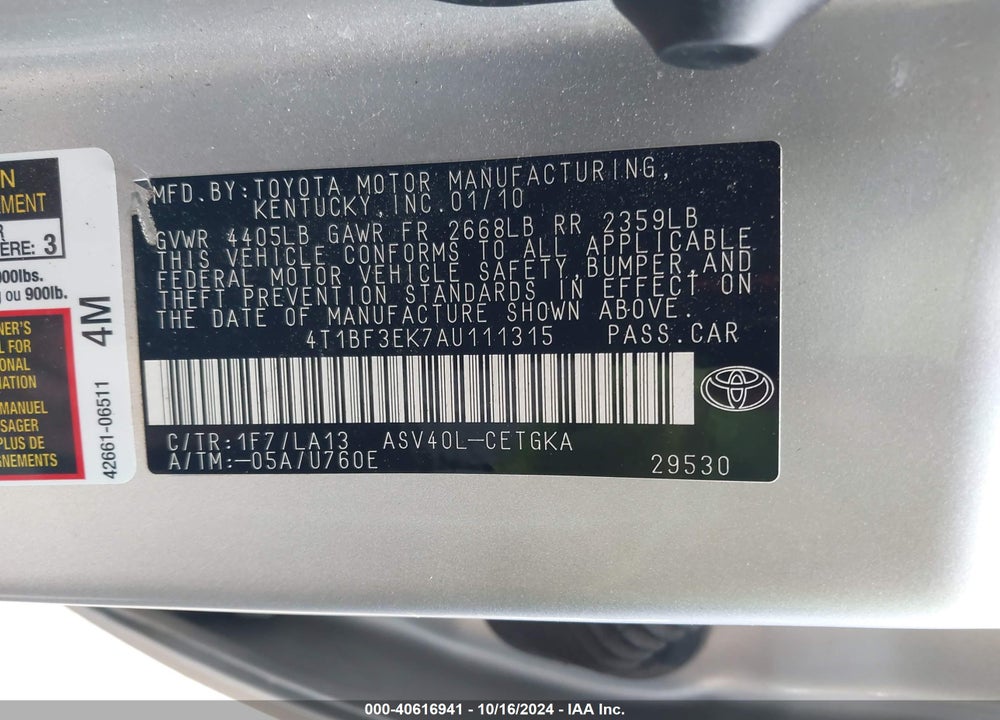 2010 TOYOTA CAMRY XLE VIN: 4T1BF3EK7AU111315