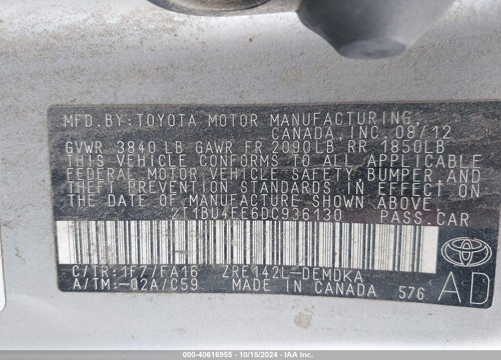 2013 TOYOTA COROLLA L VIN: 2T1BU4EE6DC936130