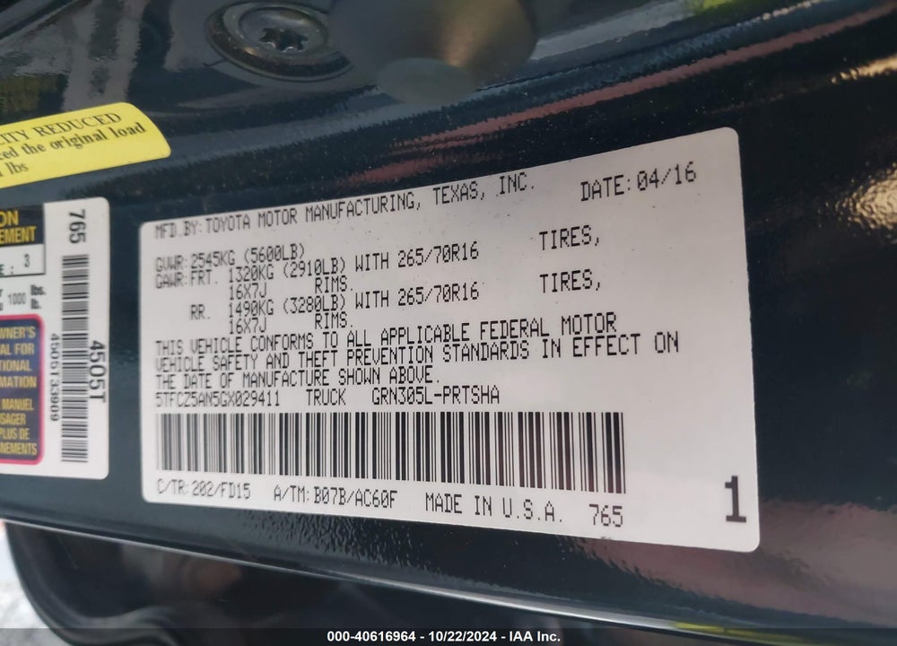 2016 TOYOTA TACOMA TRD OFF ROAD VIN: 5TFCZ5AN5GX029411