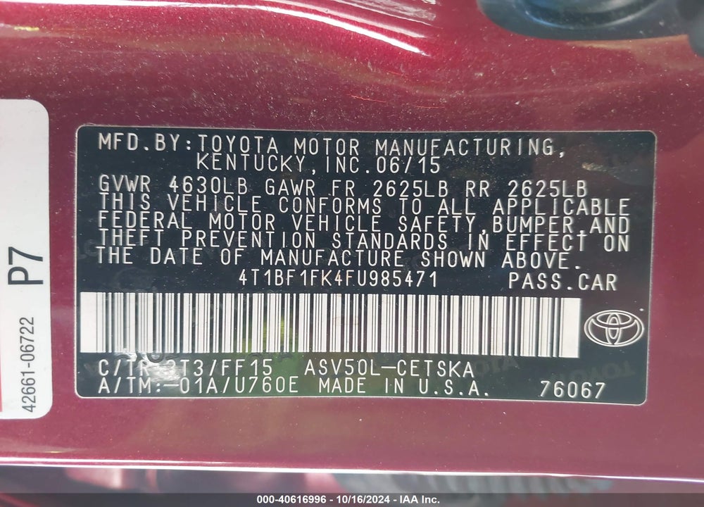 2015 TOYOTA CAMRY SE VIN: 4T1BF1FK4FU985471