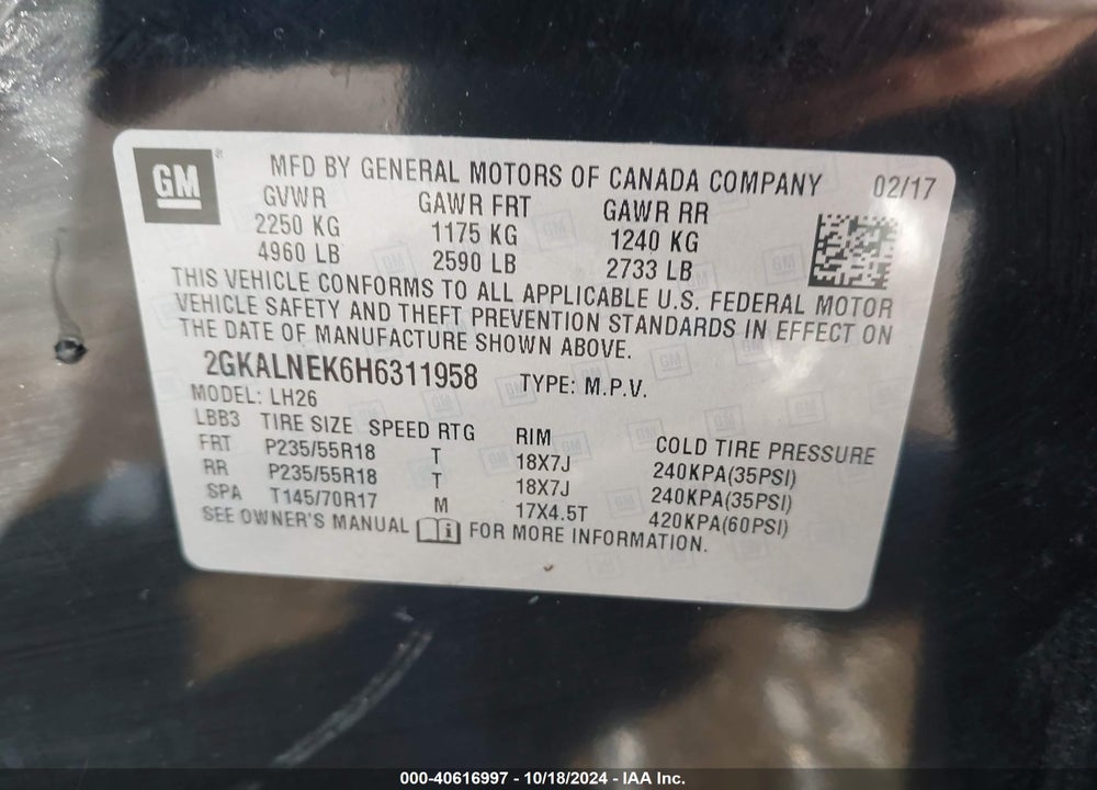 2017 GMC TERRAIN SLE-2 VIN: 2GKALNEK6H6311958