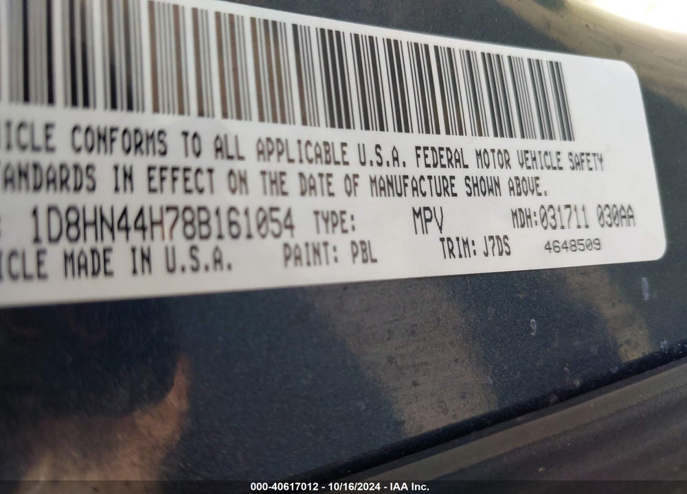 2008 DODGE GRAND CARAVAN SE VIN: 1D8HN44H78B161054