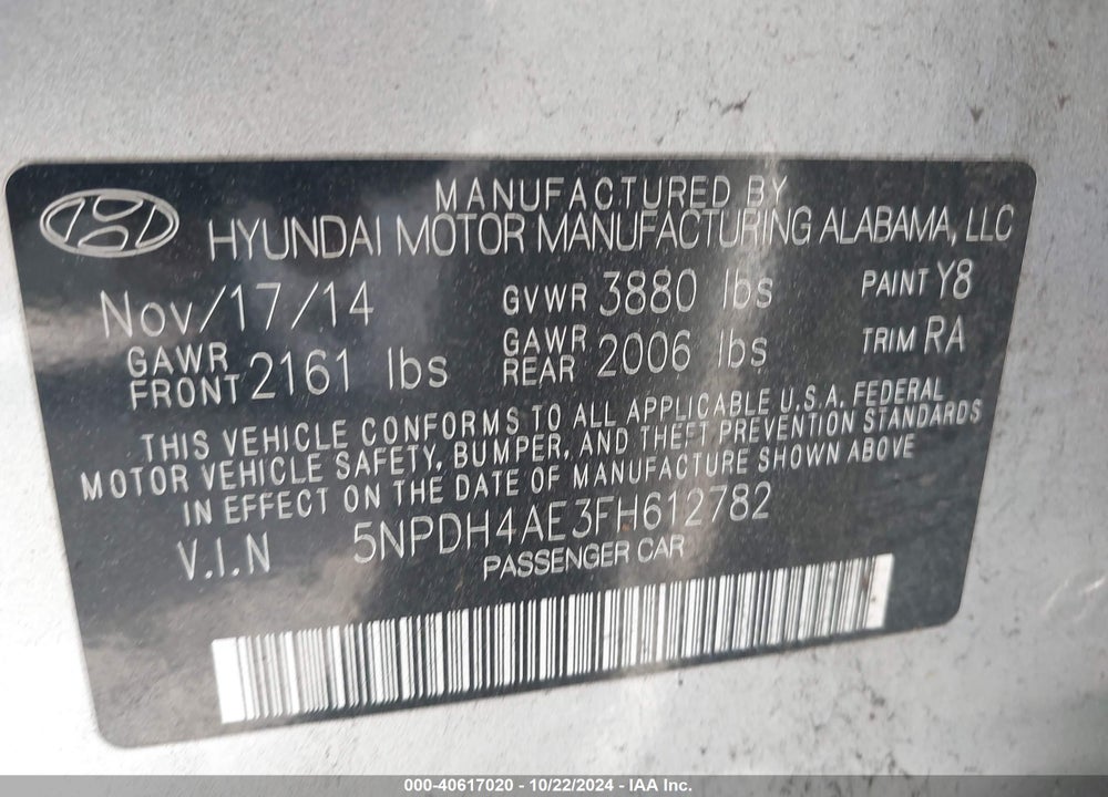 2015 HYUNDAI ELANTRA LIMITED VIN: 5NPDH4AE3FH612782