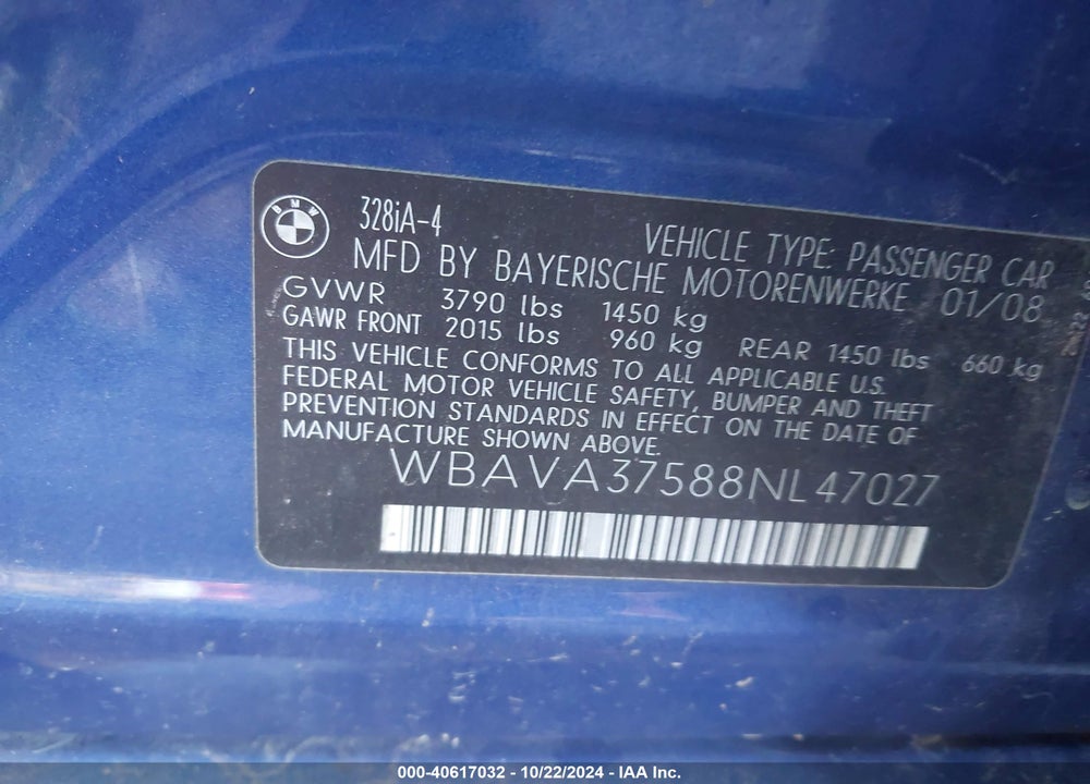 2008 BMW 328I VIN: WBAVA37588NL47027
